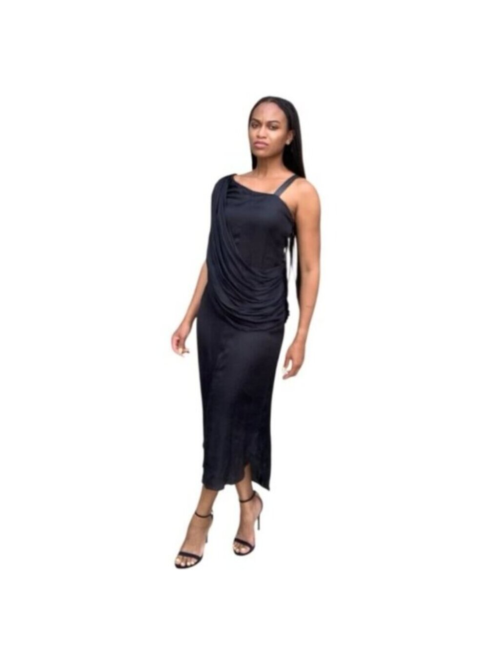 Nicholas K Black One-Shoulder Draped Satin Midi Dress - Picture 10 of 17